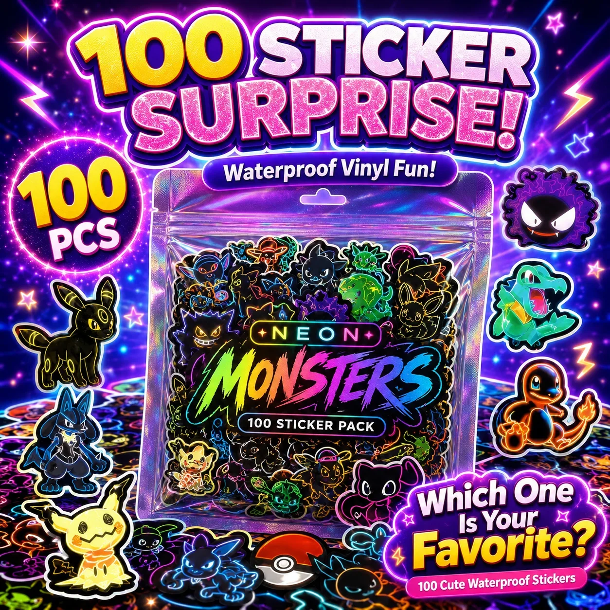 100 adet Neon Pokémon Sticker' - Skateboard incelemesi ve fiyatı